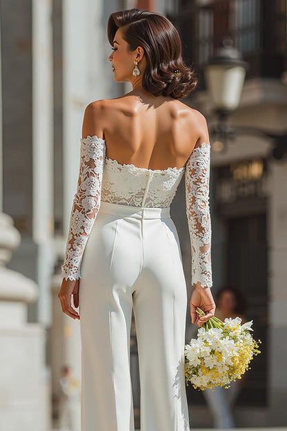 White Appliqued Lace Sweetheart Bridal Jumpsuits with Sleeves