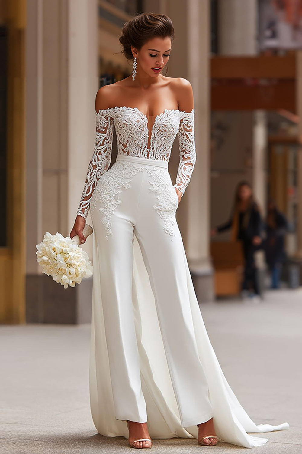 White Off the Shoulder Lace Appliqued Bridal Jumpsuits with Detachable Cape