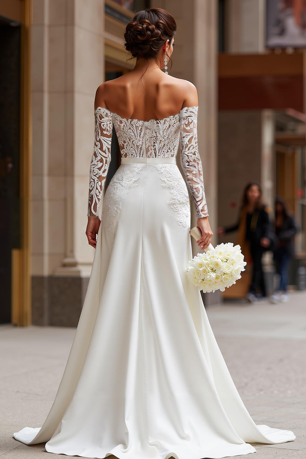 White Off the Shoulder Lace Appliqued Bridal Jumpsuits with Detachable Cape