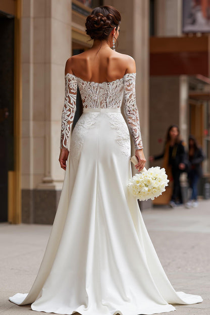 White Off the Shoulder Lace Appliqued Bridal Jumpsuits with Detachable Cape