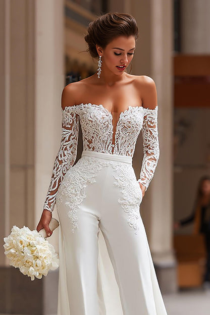 White Off the Shoulder Lace Appliqued Bridal Jumpsuits with Detachable Cape