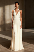 Ivory Sheath Ruched Chiffon Halter Long Formal Dress
