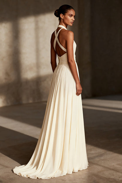 Ivory Sheath Ruched Chiffon Halter Long Formal Dress
