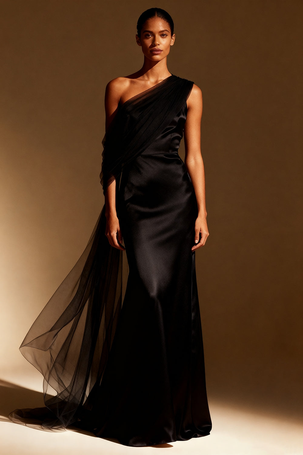 White Mermaid Satin One Shoulder Long Formal Dress with Side Cape