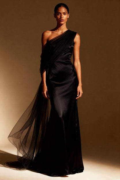 White Mermaid Satin One Shoulder Long Formal Dress with Side Cape