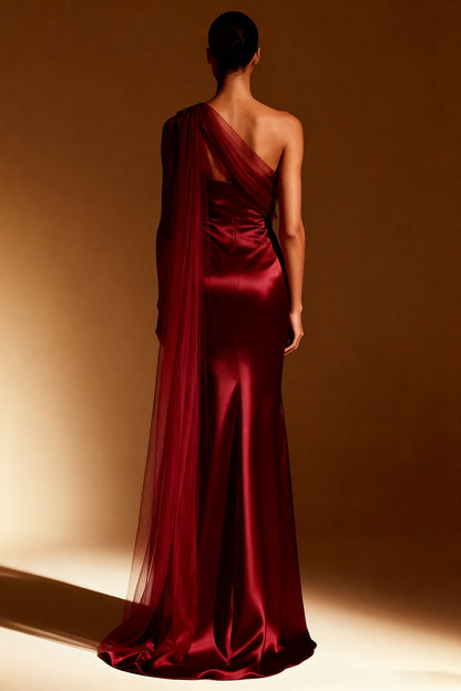 White Mermaid Satin One Shoulder Long Formal Dress with Side Cape