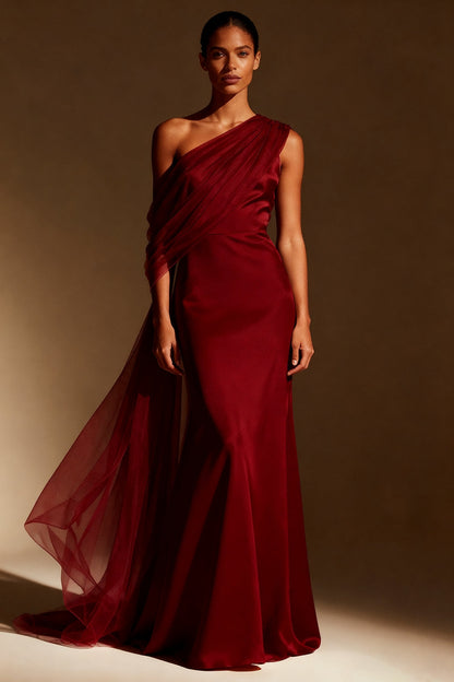 White Mermaid Satin One Shoulder Long Formal Dress with Side Cape