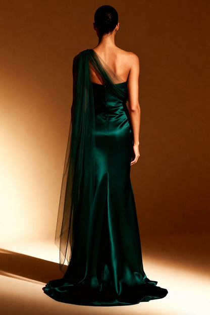 White Mermaid Satin One Shoulder Long Formal Dress with Side Cape