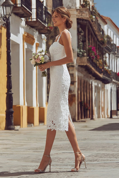 Ivory Lace Bodycon Thick Straps Midi Engagement Dress