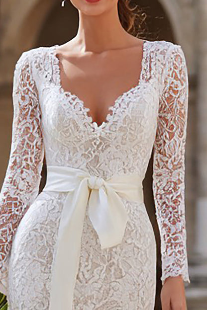 Ivory Bodycon Lace Midi Wedding Dress with Sleeves