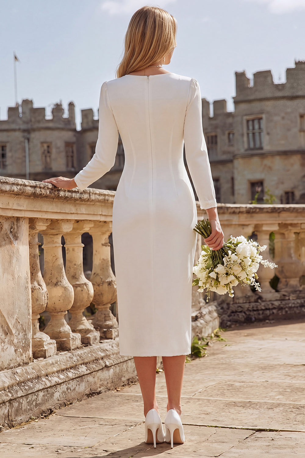 Ivory V-Neck Bodycon Ruched Midi Engagement Dress with Slit