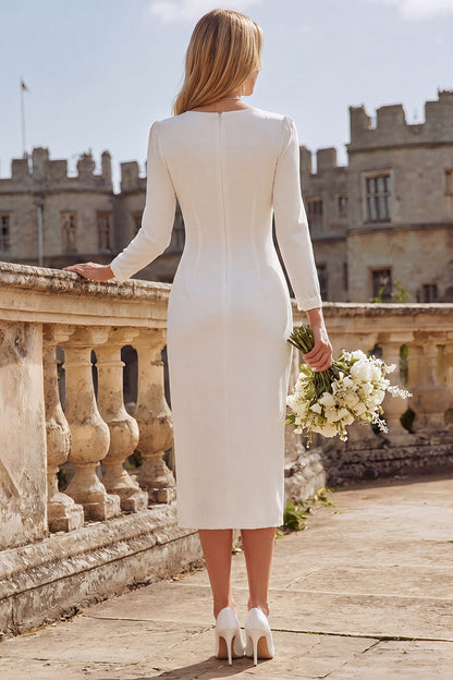 Ivory V-Neck Bodycon Ruched Midi Engagement Dress with Slit