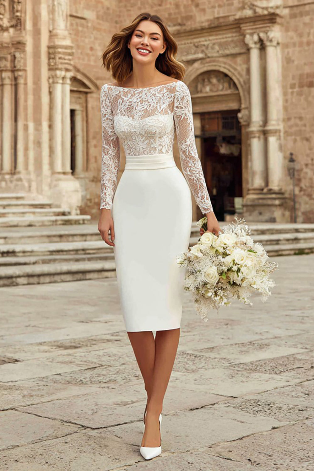 Ivory Bateau Neck Bodycon Lace Midi Wedding Dress with Sleeves