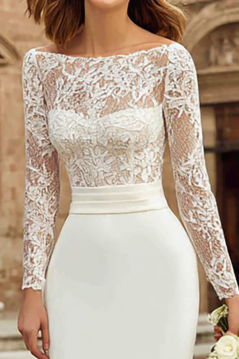 Ivory Bateau Neck Bodycon Lace Midi Wedding Dress with Sleeves