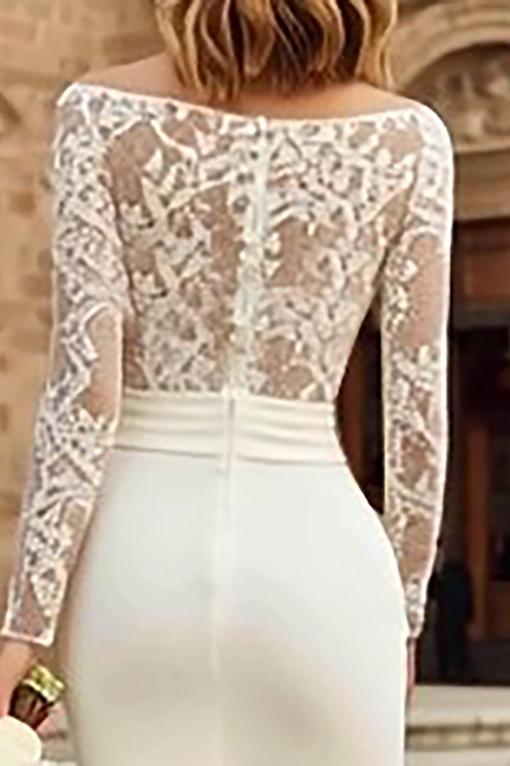 Ivory Bateau Neck Bodycon Lace Midi Wedding Dress with Sleeves