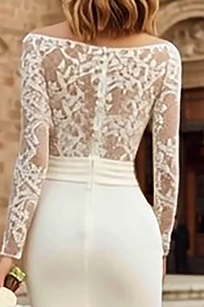 Ivory Bateau Neck Bodycon Lace Midi Wedding Dress with Sleeves