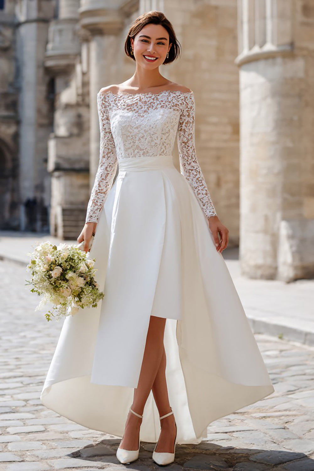 Ivory Off the Shoulder High Low Boho Wedding Dress with Lace
