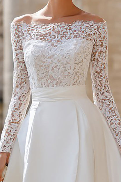 Ivory Off the Shoulder High Low Boho Wedding Dress with Lace