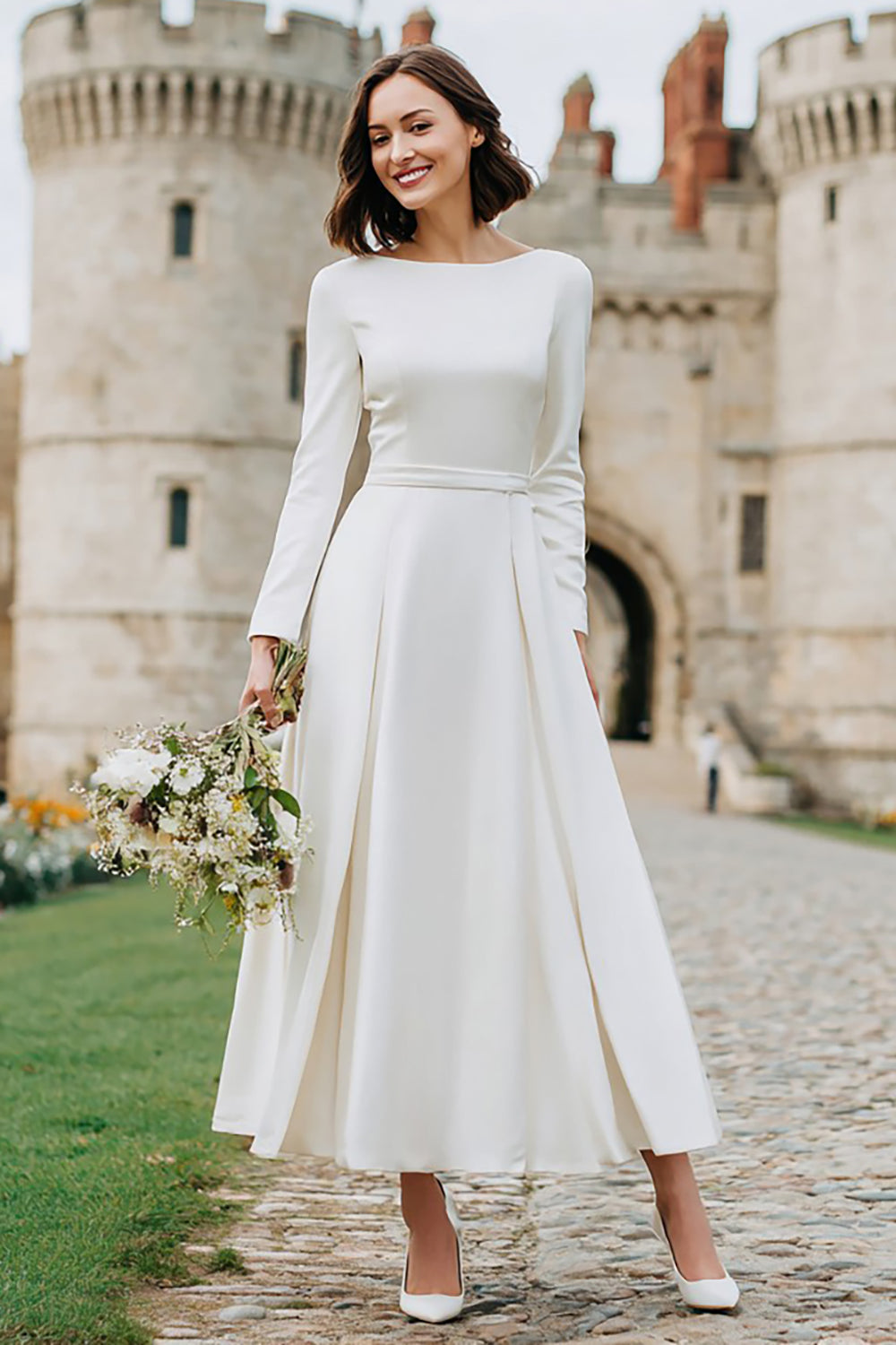 Ivory Boat Neck A Line Long Engagement Dress with Sleeves