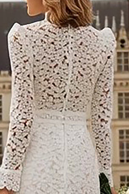 Ivory High Neck Ruffled Lace Midi Engagement Dress with Sleeves