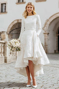 Ivory A Line Boat Neck High-Low Engagement Dress with Pockets