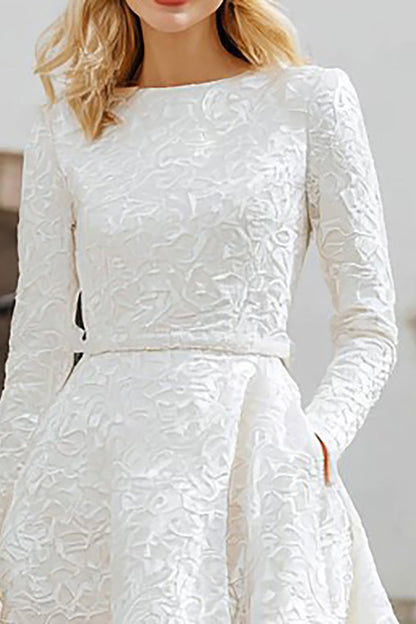 Ivory A Line Boat Neck High-Low Engagement Dress with Pockets
