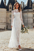 Ivory Lace High Neck Floor Length Wedding Dress with Sleeves