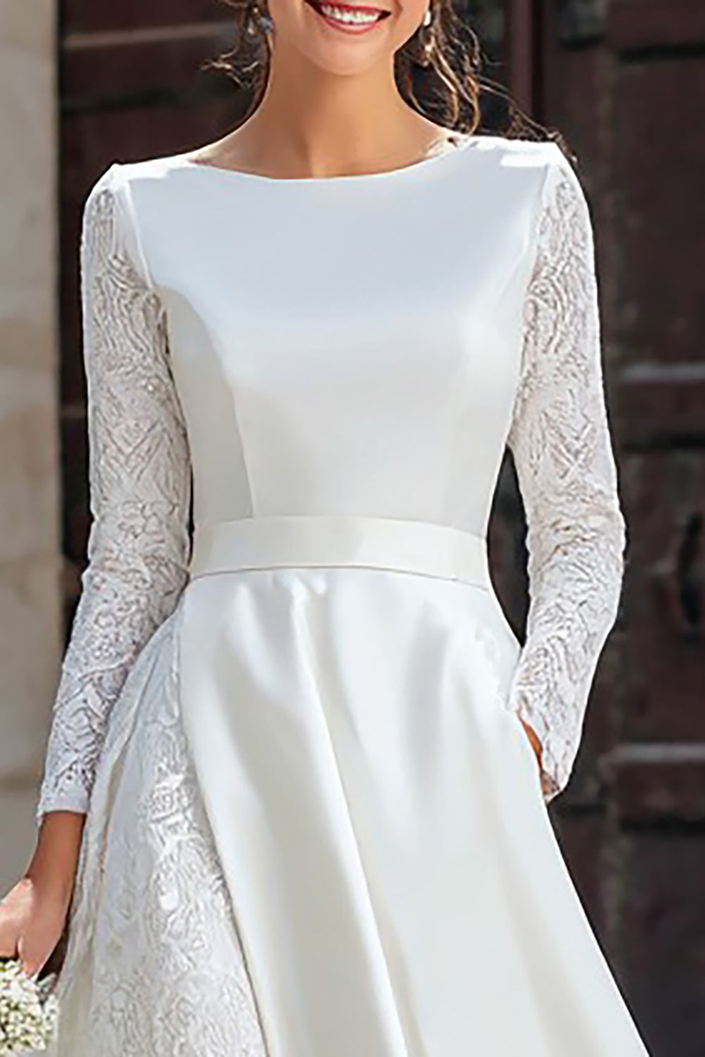 Ivory A Line Boat Neck Long Sleeves Engagement Dress with Pockets