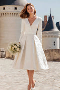 Simple Ivory A Line V-Neck Midi Engagement Dress with Sleeves