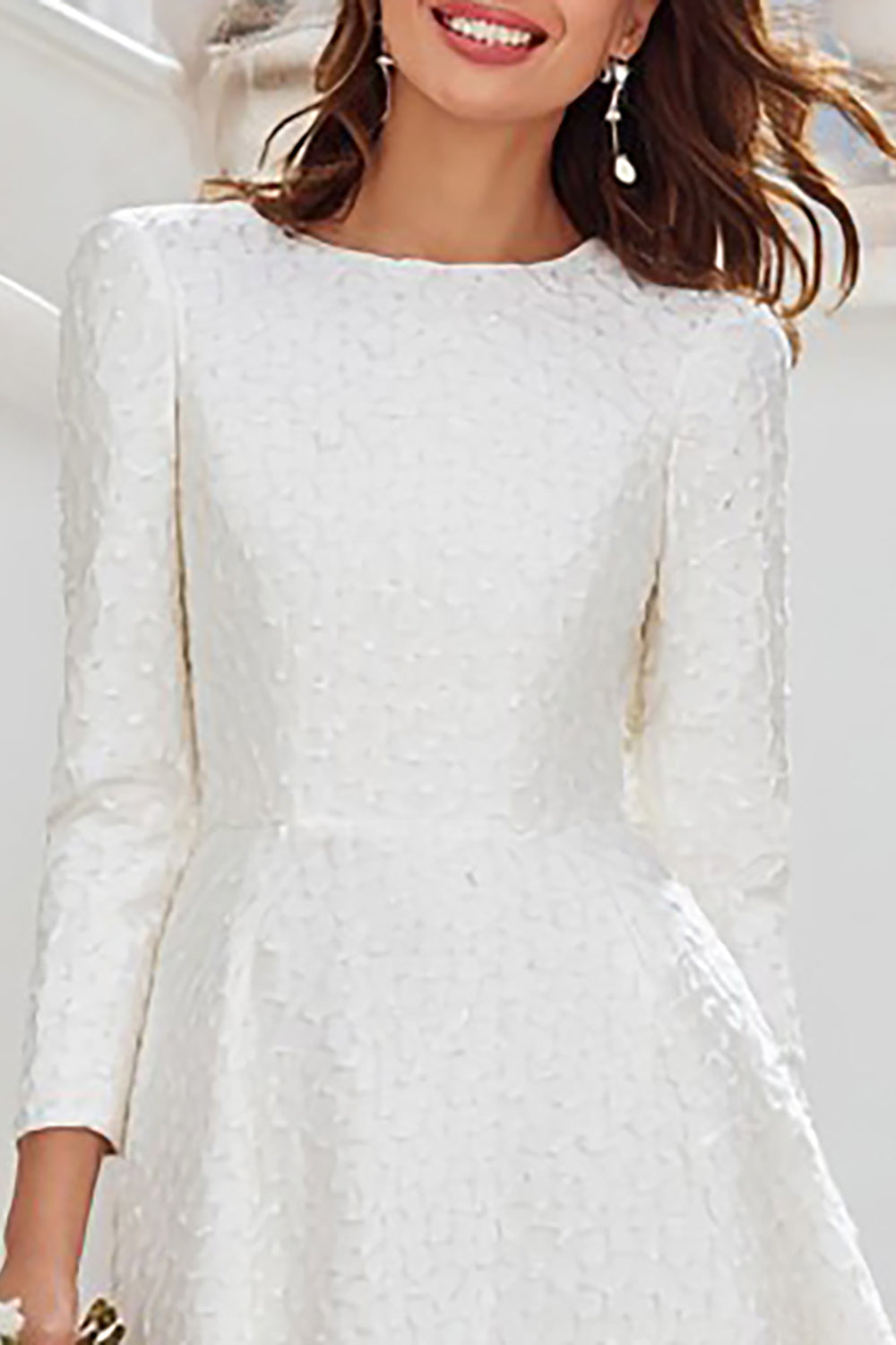 Ivory Round Neck A Line Midi Rehearsal Dinner Dress with Sleeves