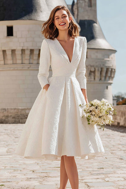 Ivory V-Neck A Line Midi Bridal Dress with Pockets