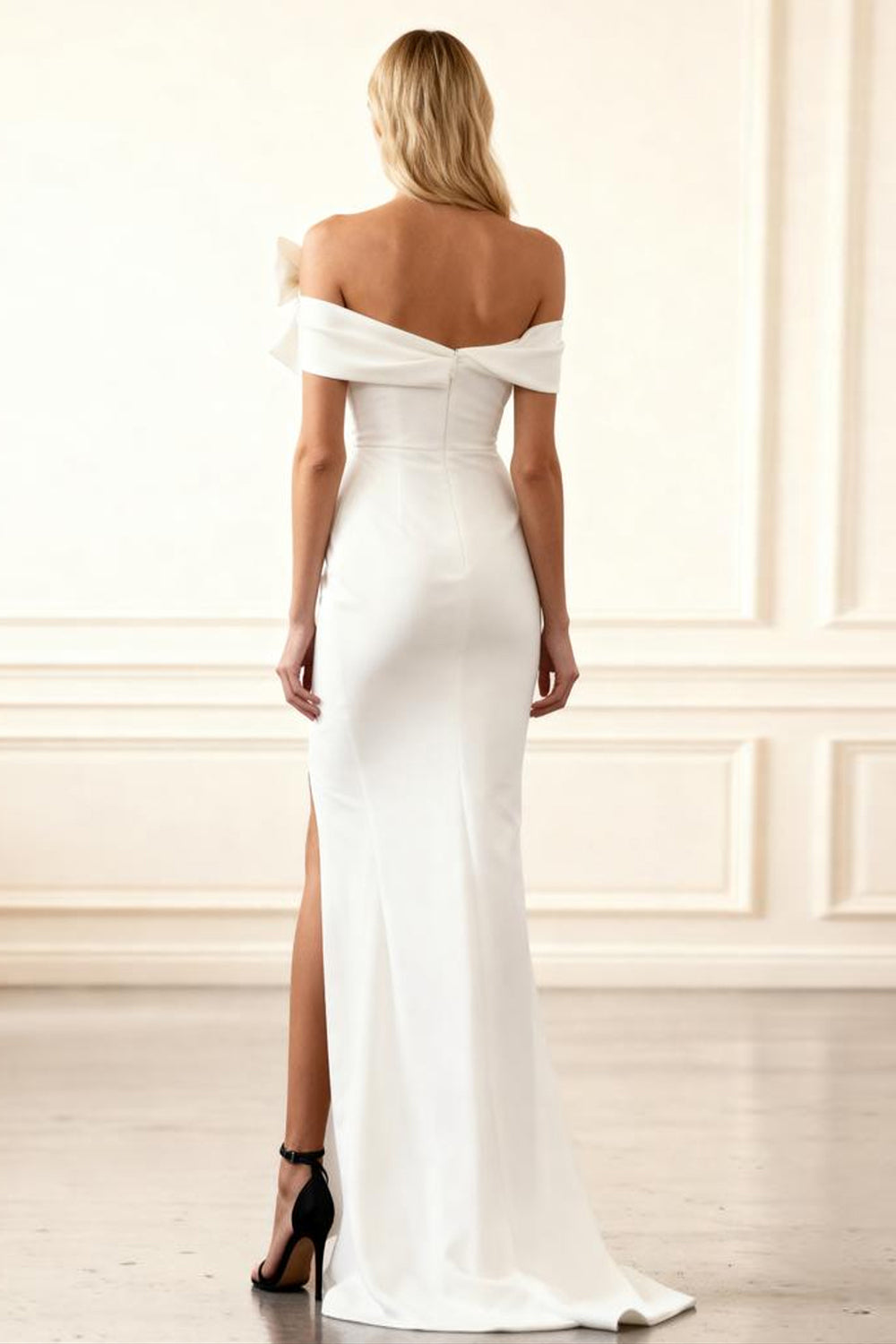 White Satin Mermaid Off The Shoulder Long Prom Dress with Bow