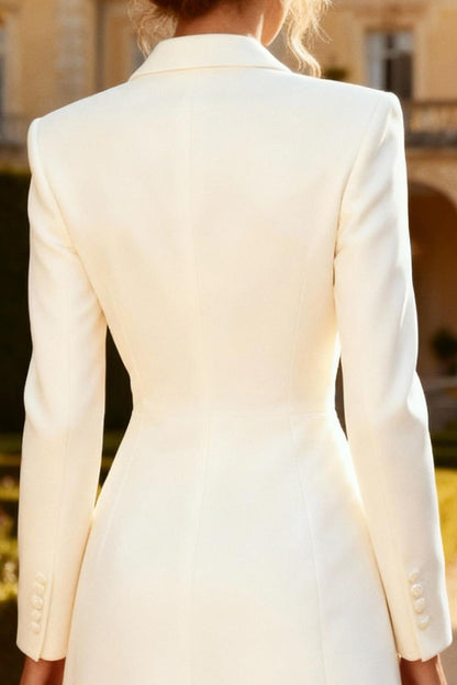 White Peak Lapel Long Sleeves Short Blazer Wedding Dress with Buttons