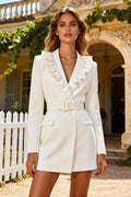 White Shawl Lapel Ruffled Short Blazer Wedding Dress with Belt