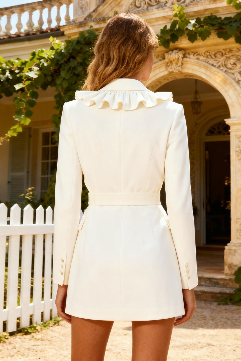 White Shawl Lapel Ruffled Short Blazer Wedding Dress with Belt