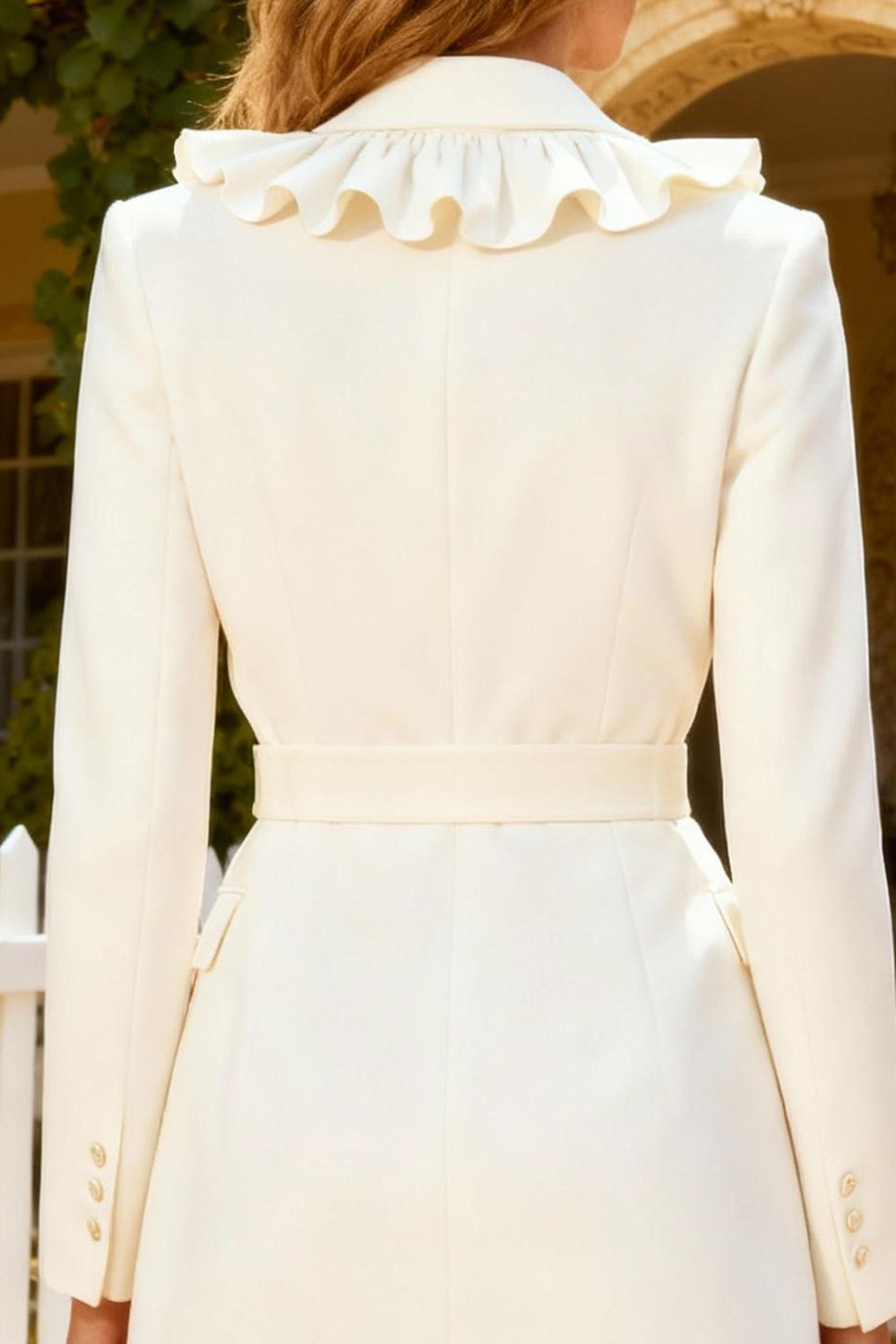 White Shawl Lapel Ruffled Short Blazer Wedding Dress with Belt
