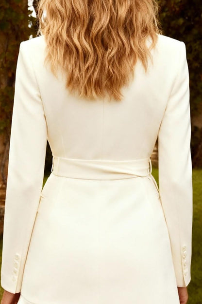 White Ruffled Notched Lapel Short Blazer Wedding Dress with Sash