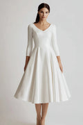 White V-Neck Satin A Line Midi Engagement Dress with Sleeves