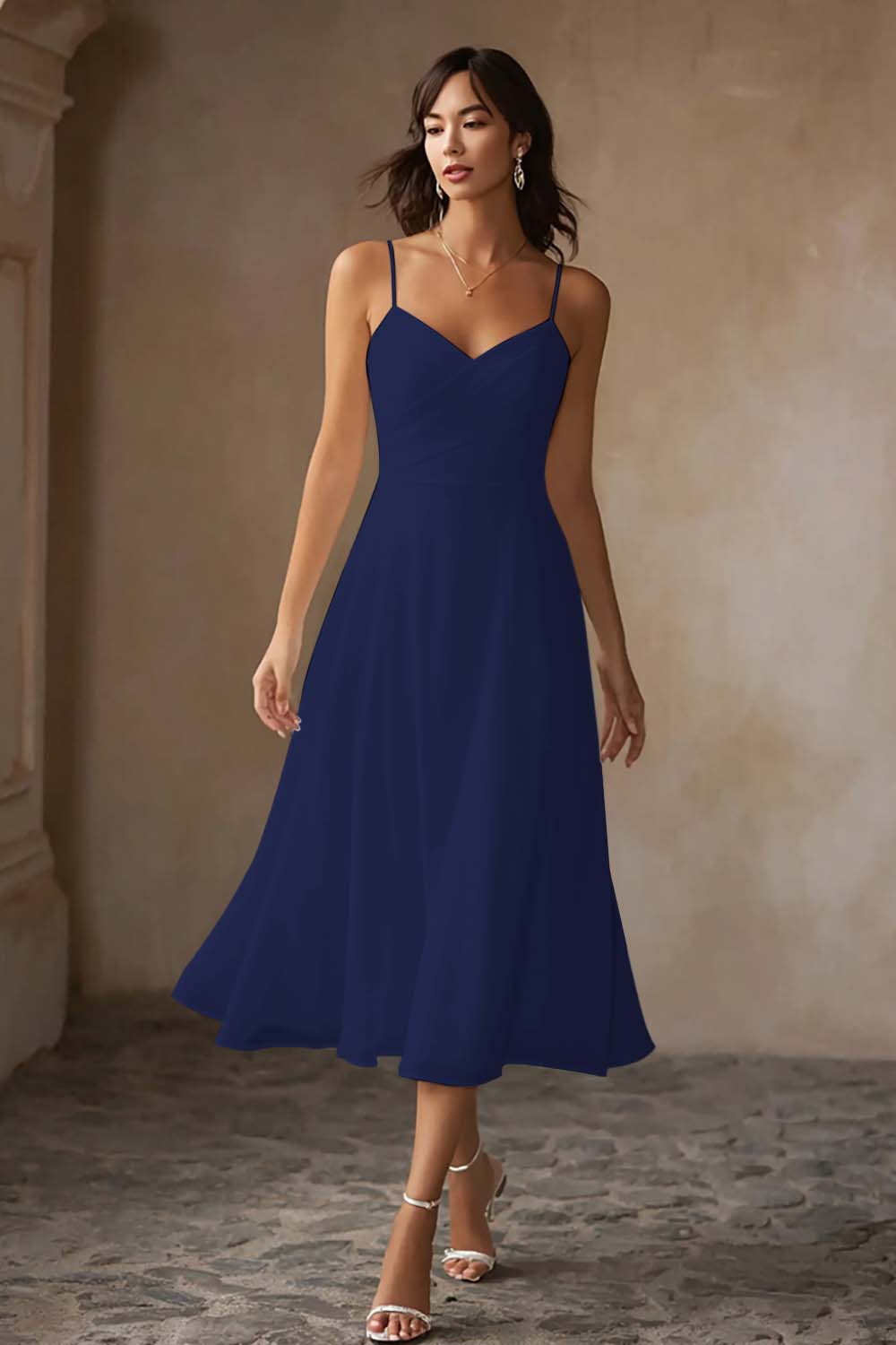White Chiffon A Line Spaghetti Straps Midi Engagement Dress