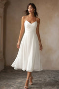 White Chiffon A Line Spaghetti Straps Midi Engagement Dress