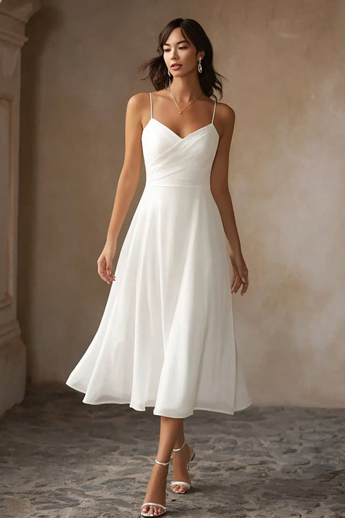 White Chiffon A Line Spaghetti Straps Midi Engagement Dress