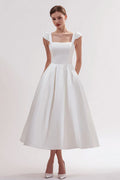 White Satin Square Neck A Line Long Wedding Reception Dress
