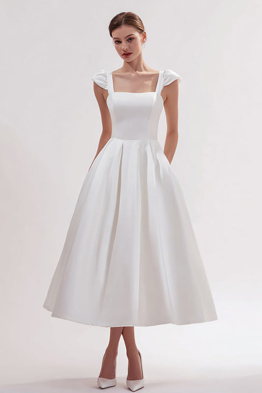 White Satin Square Neck A Line Long Wedding Reception Dress