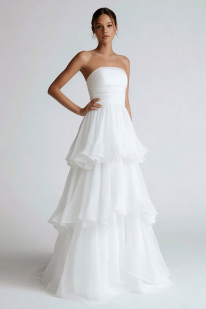 White Tiered Chiffon A Line Floor Length Wedding Reception Dress