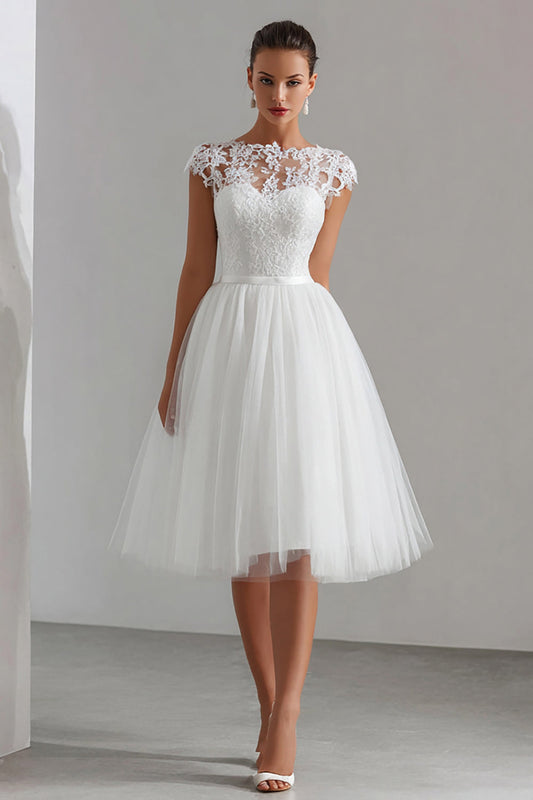 White Tulle A Line Bateau Neck Midi Engagement Dress with Lace