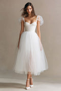 Simple White A Line Corset Tulle Long Engagement Dress