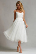White Spaghetti Straps A Line Midi Engagement Dress with Lace