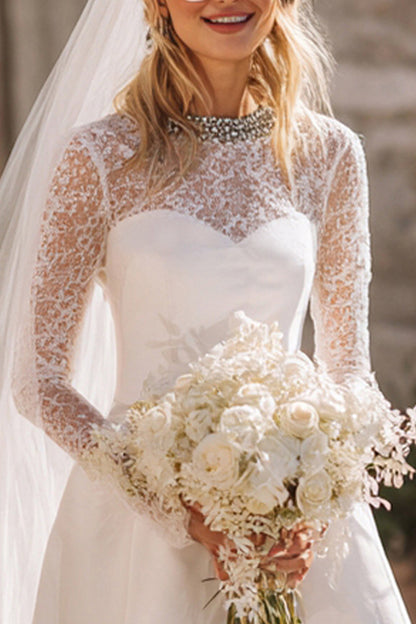 Sparkly White Satin A Line Short Wedding Dress with Lace