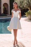 Simple White Satin Off the Shoulder A Line Short Wedding Dress