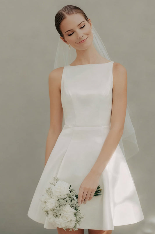 White A Line Satin Bateau Neck Short Wedding Dress